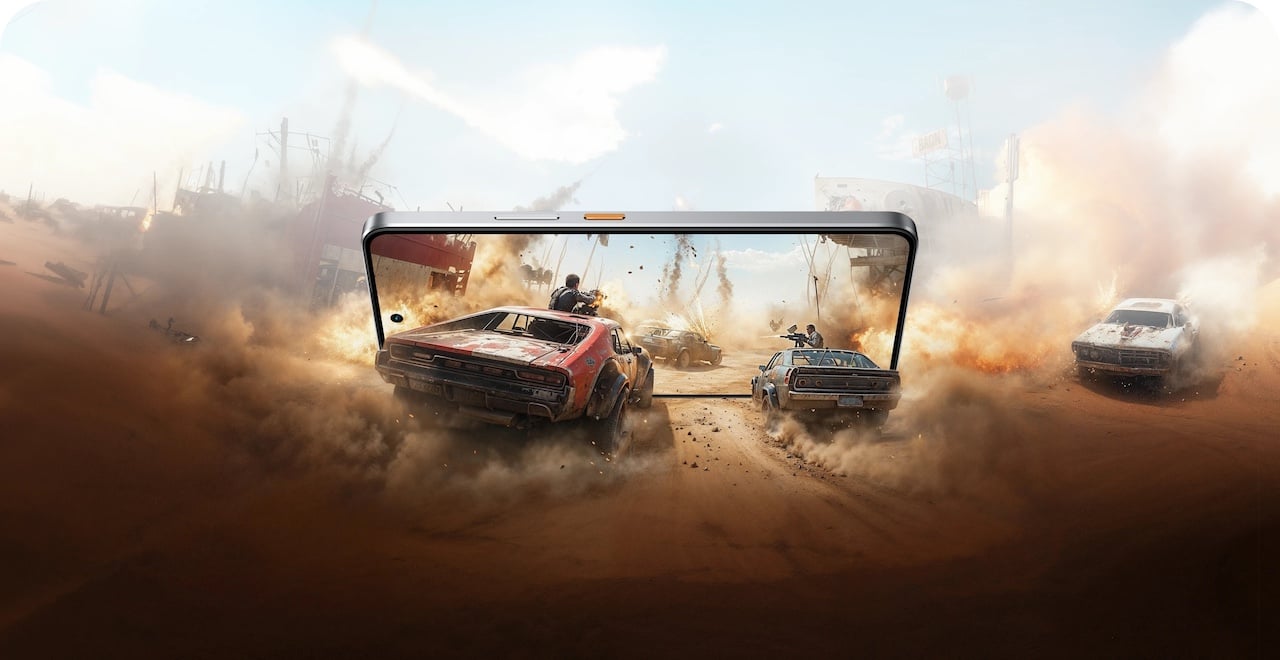 Realistic edit of race cars running through phone display