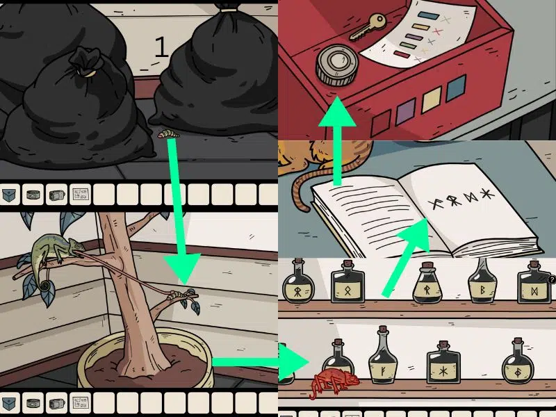 caterpillar, trash bags, chameleon, notebook, red box