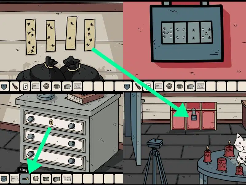 grey cabinet, strips, red chest