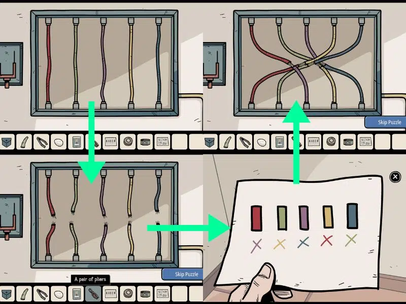 circuit board, glass, pliers, wires, paper clue