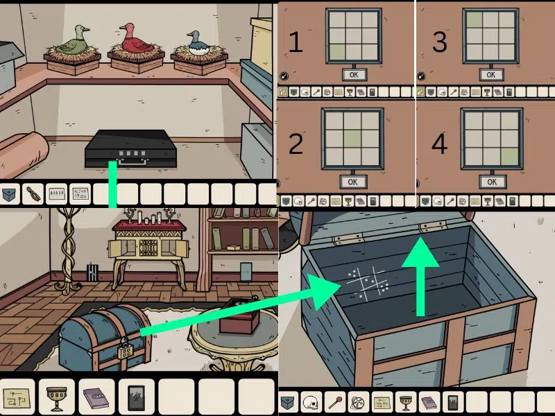 blue chest, brown cabinet, battery