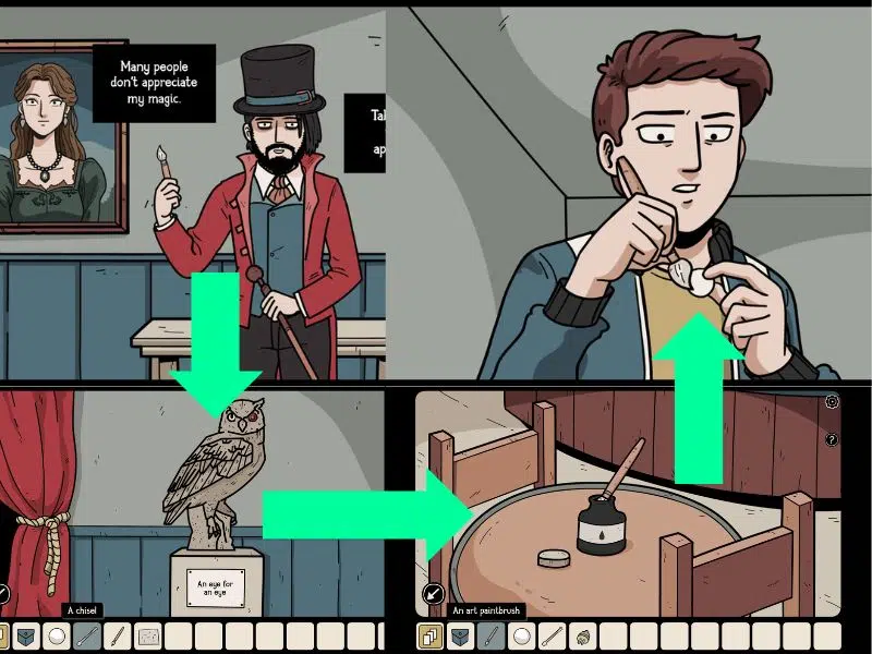 Paintbrush, ink, ball, gem