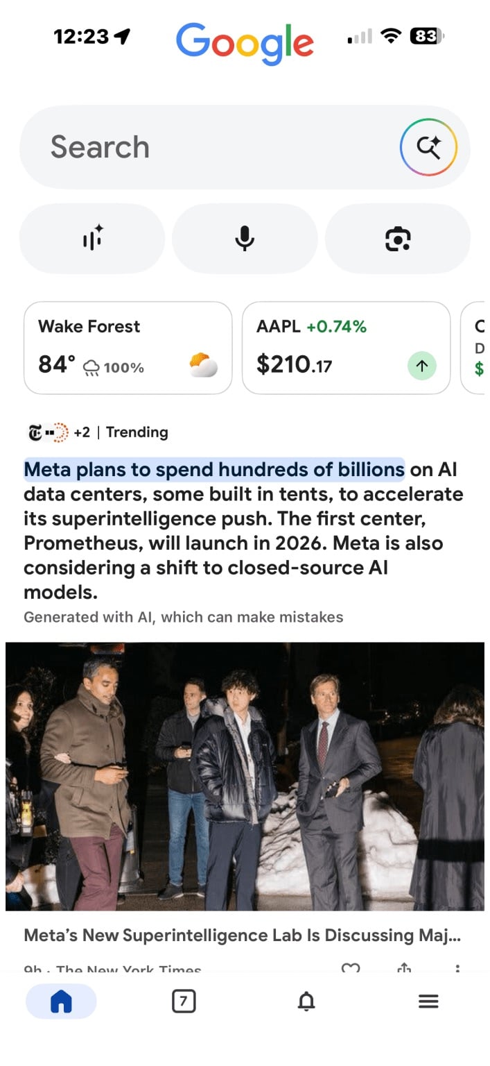 AI generated summary above news post in Google app Home menu