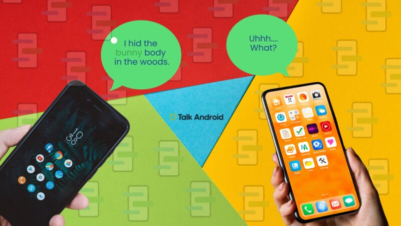 Hands holding phone with text bubbles above and Google logo as background