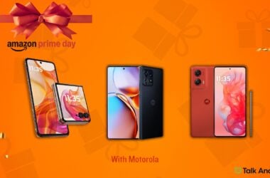 Three Motorola phones surrounded by confetti and Amazon Prime Day design