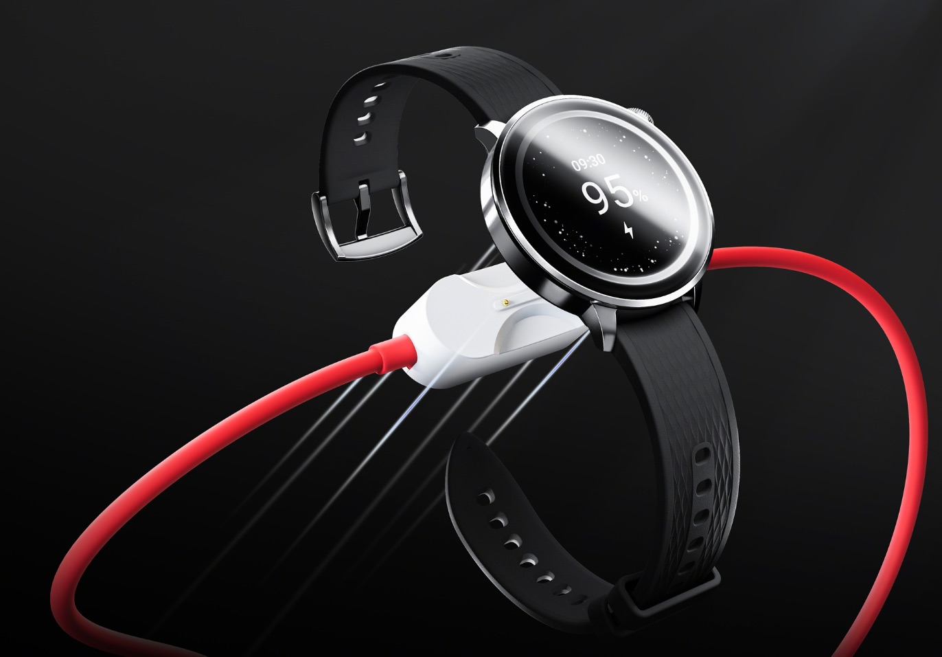 Red and white power cable connected to smartwatch