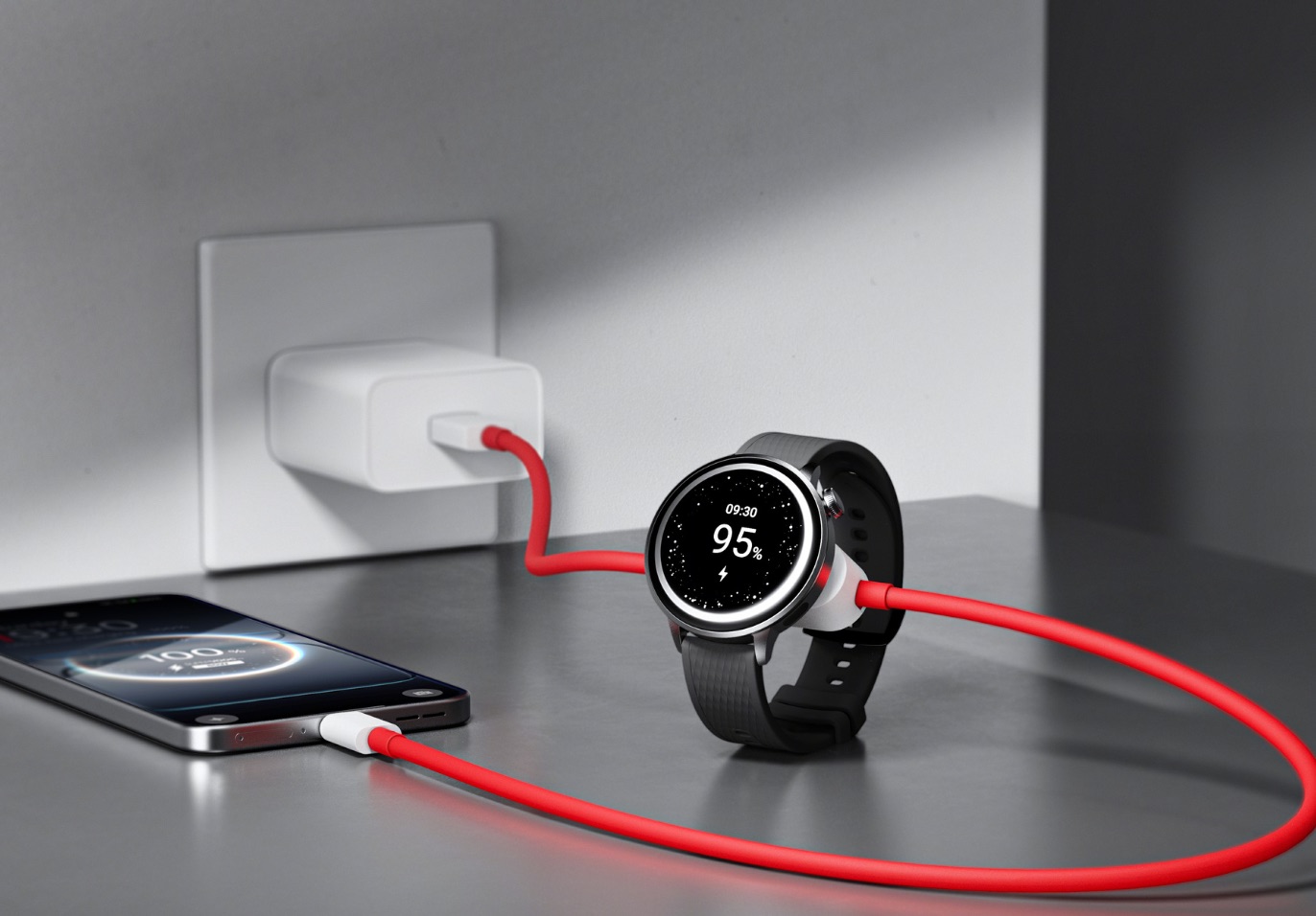 Red and white charger connected to phone and smartwatch