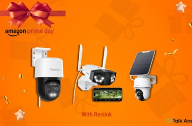 Three cameras surrounded by confetti and Amazon Prime Day design