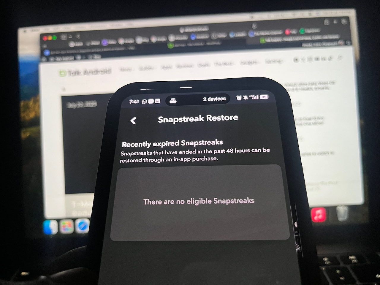 Snapstreak restore menu showing that user has no lost streaks to recover
