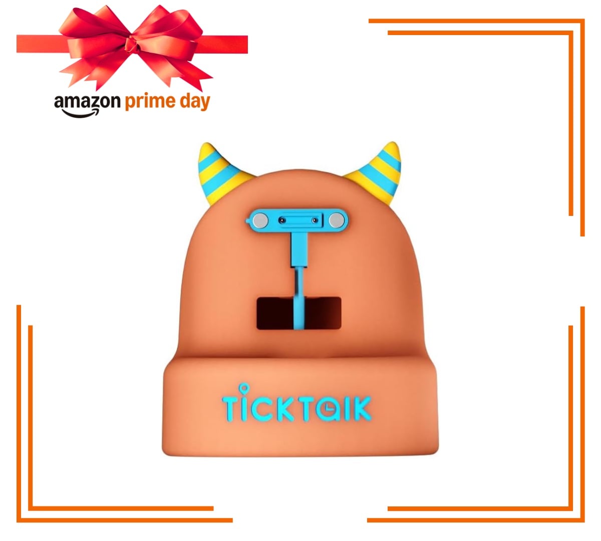 Orange kids charging dock centered in orange border and Amazon Prime Day logo above