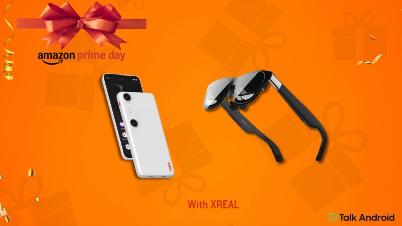 XREAL smart glasses and companion surrounded by Amazon Prime Day design
