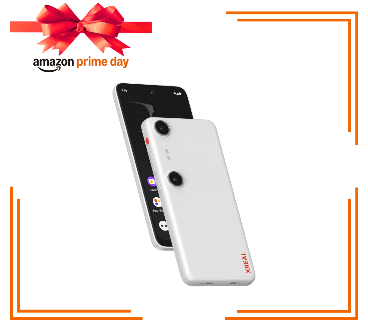 White AR smart glass companion centered in orange border with Amazon Prime Day design surrounding it