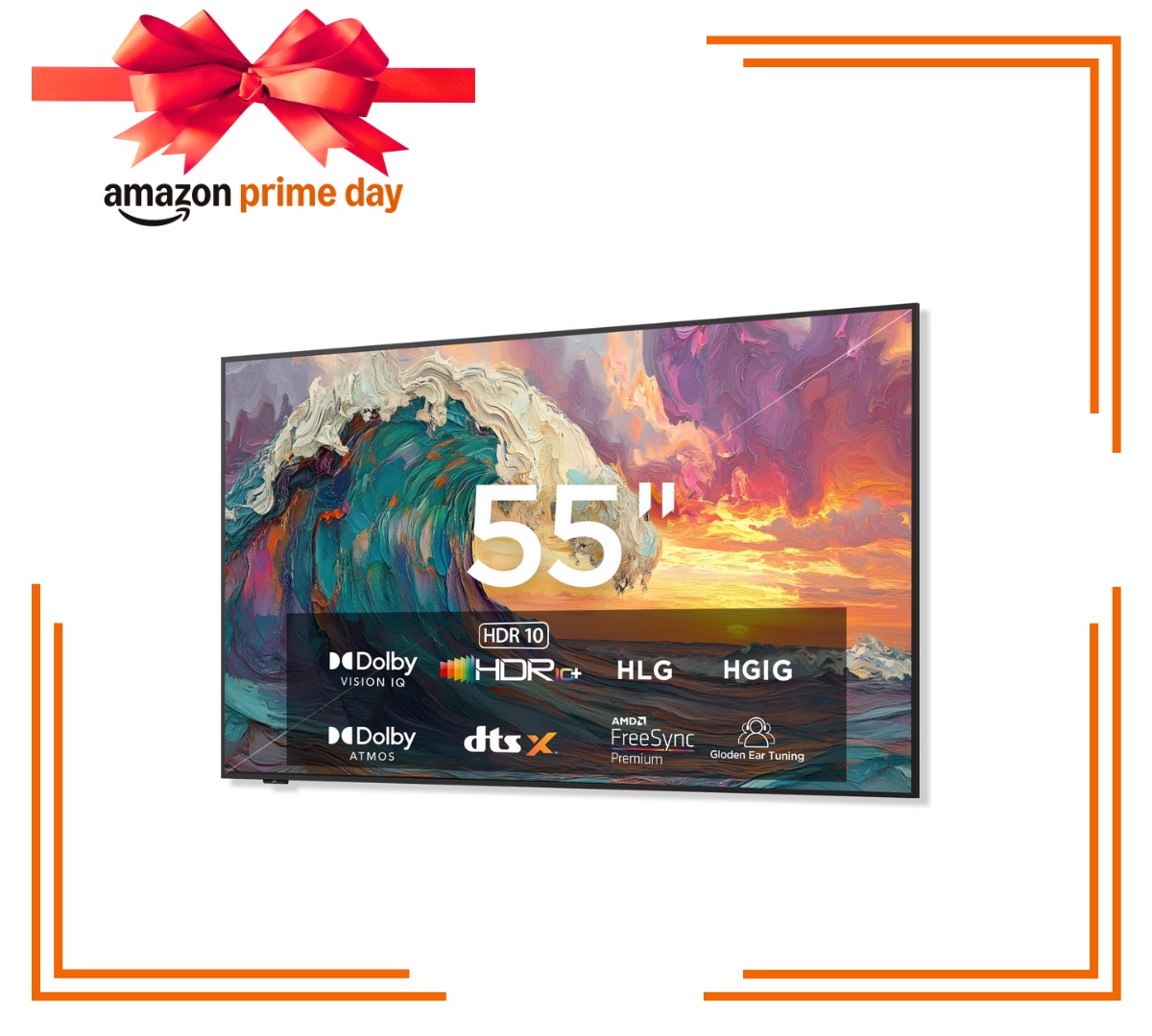 Smart TV inside orange gift border with Amazon Prime Day logo above