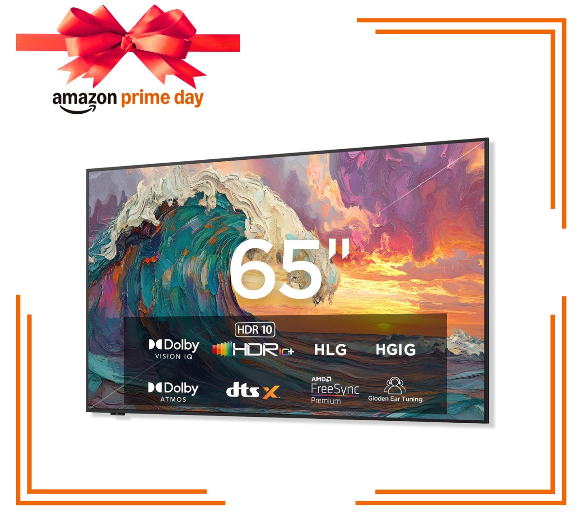 Smart TV inside orange gift border with Amazon Prime Day logo above