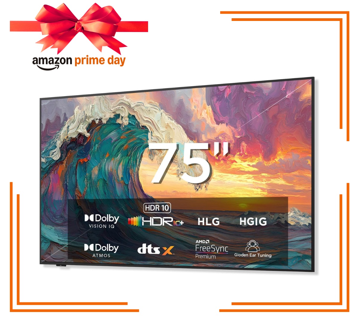 Smart TV inside orange gift border with Amazon Prime Day logo above