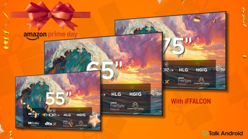 Three smart TVs with confetti and bow around them and orange background