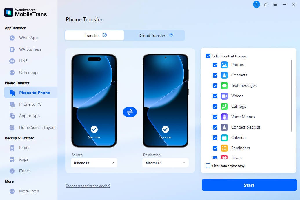 select phone to phone transfer