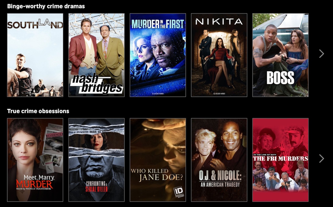 Grid of crime drama series on Howdy by Roku website