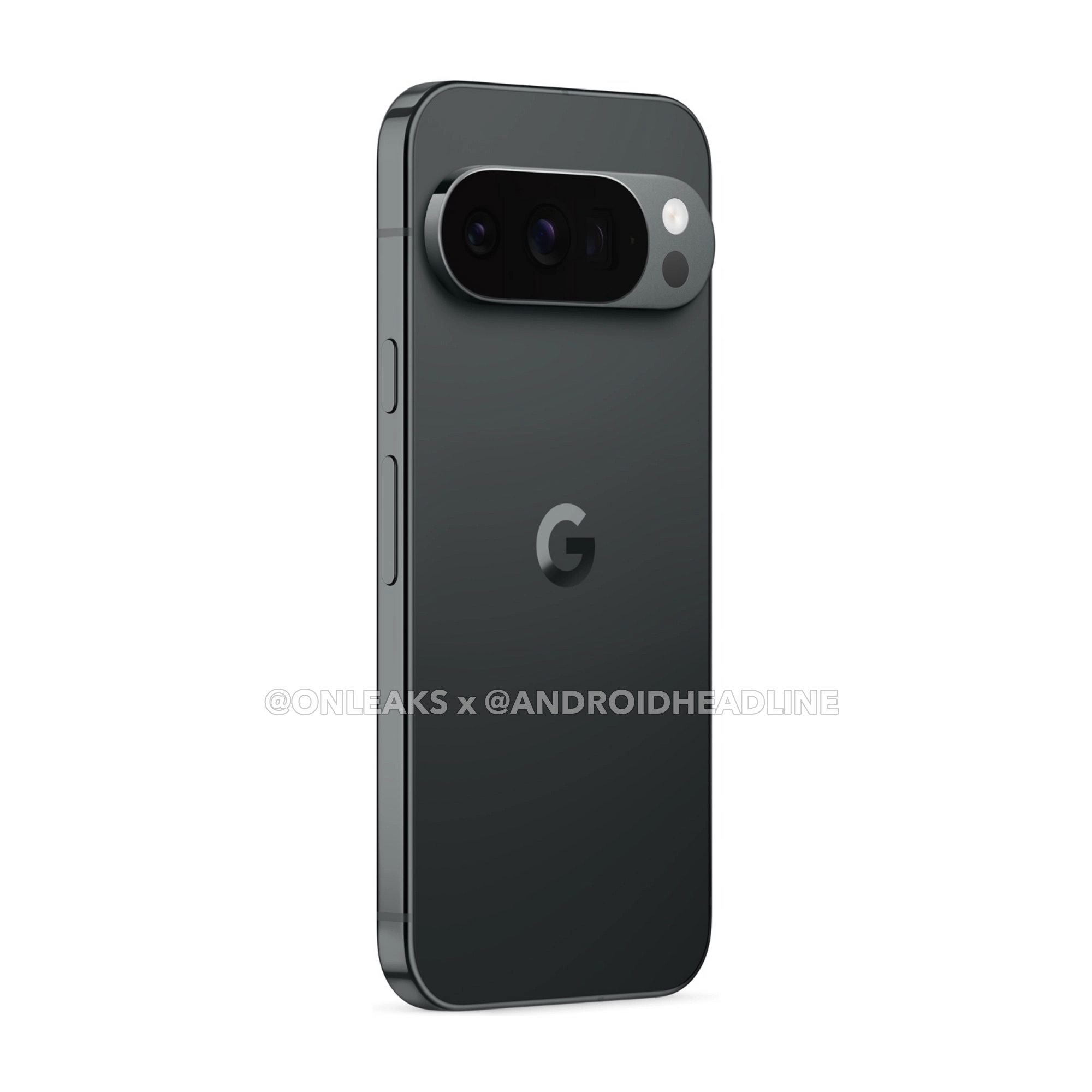 Slightly tilted back view of Pixel 10 Pro in Obsidian color
