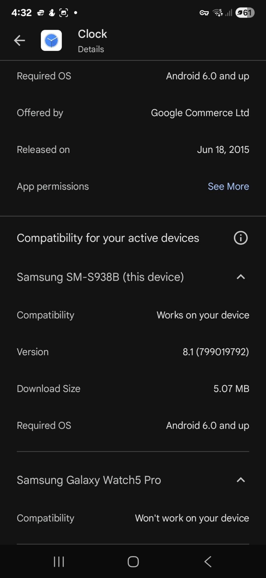 Google Clock Play Store details indicating that user's Galaxy Watch 5 Pro is unsupported