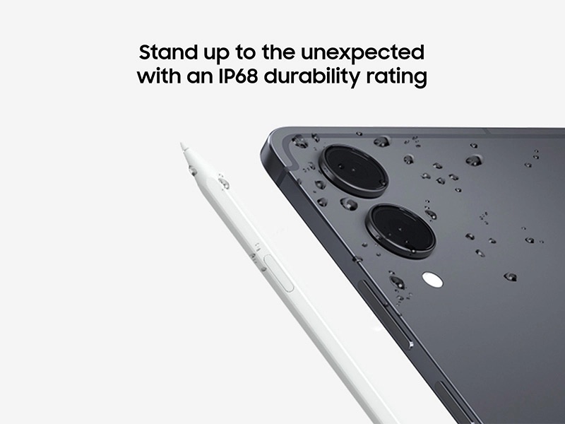 Galaxy Tab 11 covered in water droplets with IP68 text above it