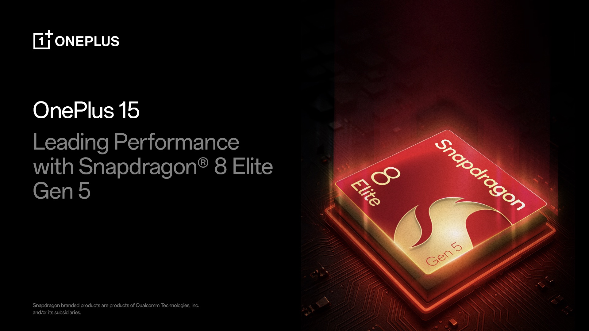 Snapdragon 8 Elite Gen 5 chip beside text announcing use on OnePlus 15