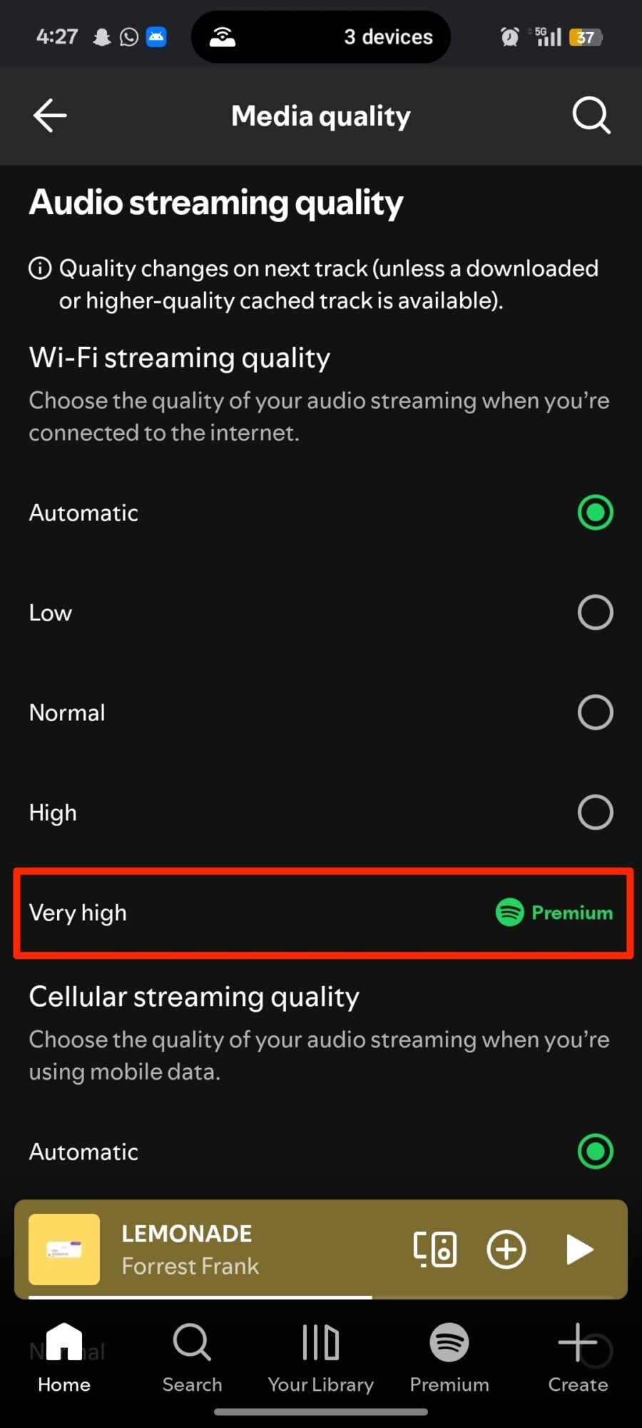 Red box highlighting Very High option in Spotify Media quality menu