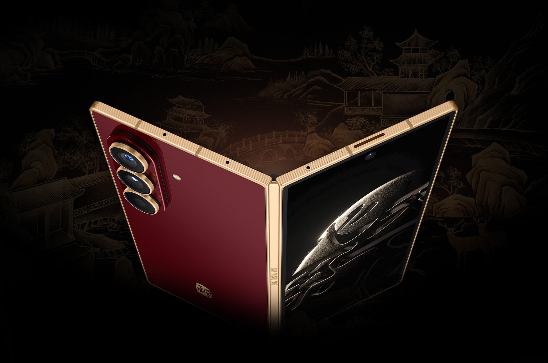 Back view of Galaxy W26  foldable phone wide open