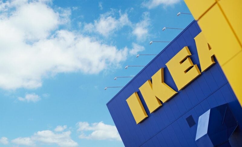 Close up view of Ikea logo on physical store front