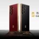 Two Galaxy W26 phones in black and red with gold accents