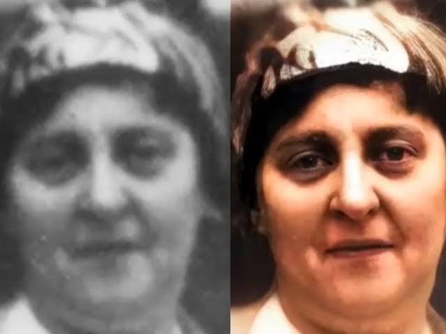 Side-by-side comparison of an old, blurry black-and-white portrait and its digitally restored and colorized version of the same woman wearing a headscarf.
