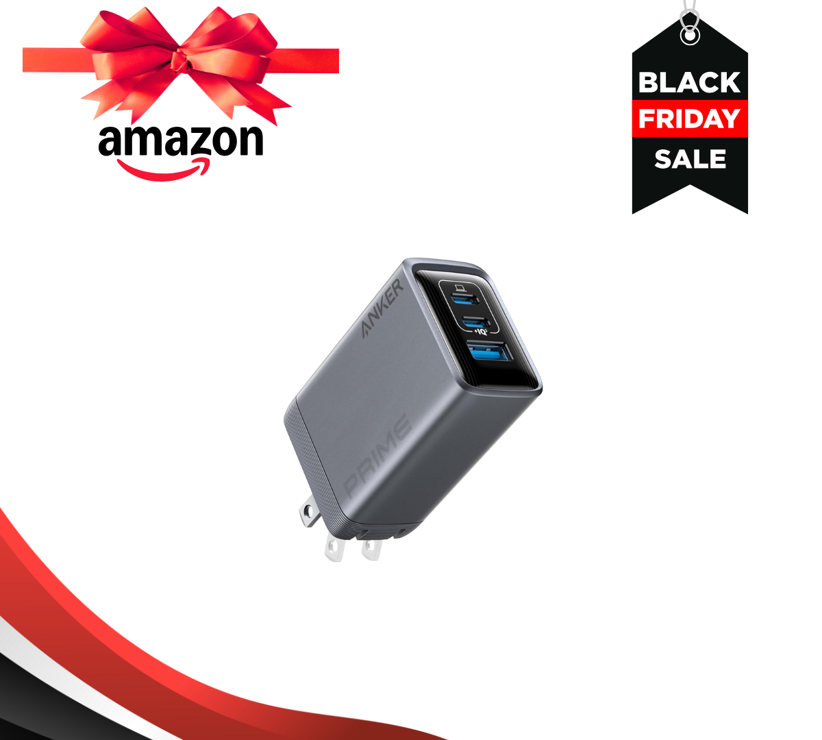 Anker Prime 100W charger surrounded by Amazon Black Friday design