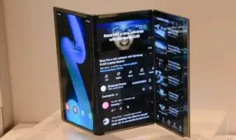 Expanded Galaxy Z TriFold mounted on stand