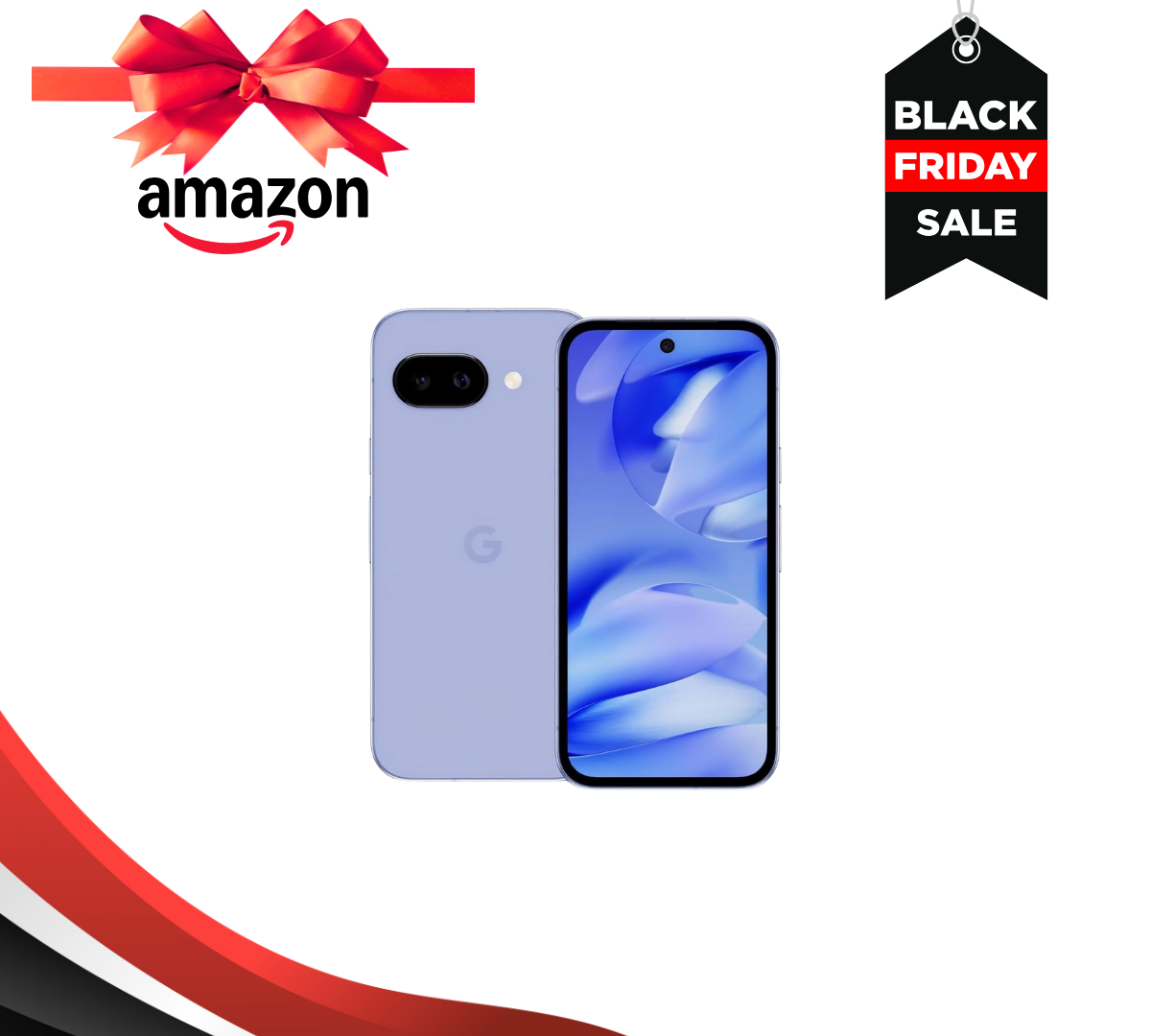 Pixel 9a in Iris color surrounded by Amazon Black Friday design 