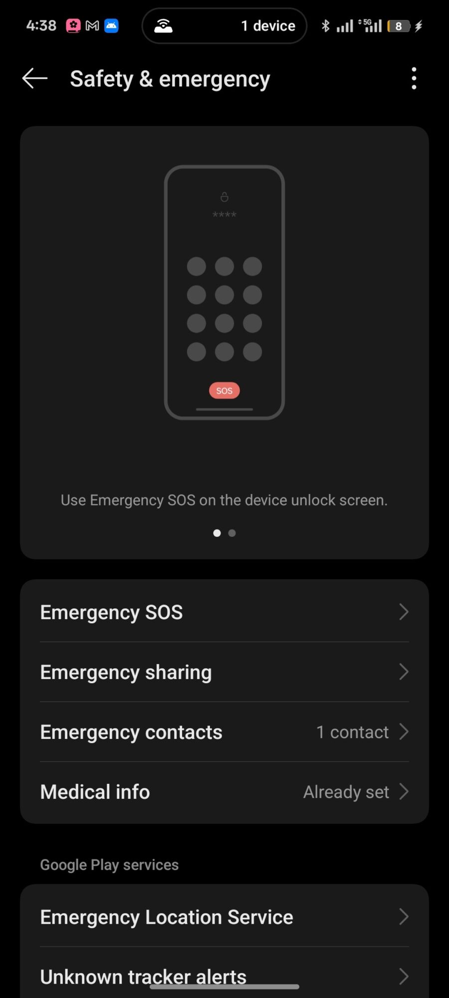 Menu showing emergency contact and other SOS options on Android