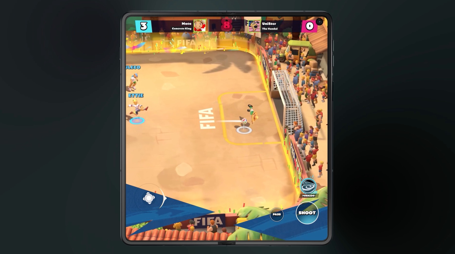 Expanded foldable phone showing animated football game 