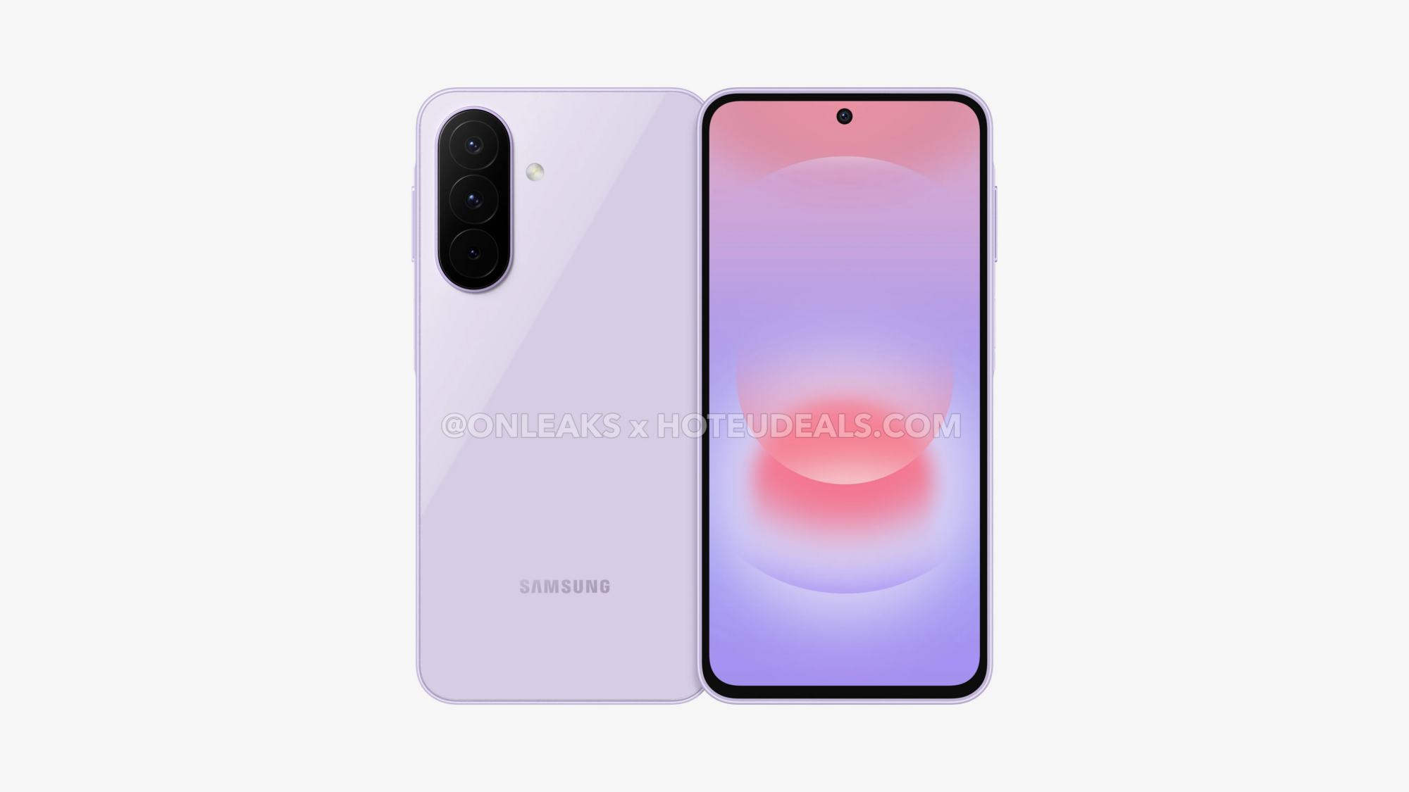 Back and front render of Galaxy A27 phone in lavender color