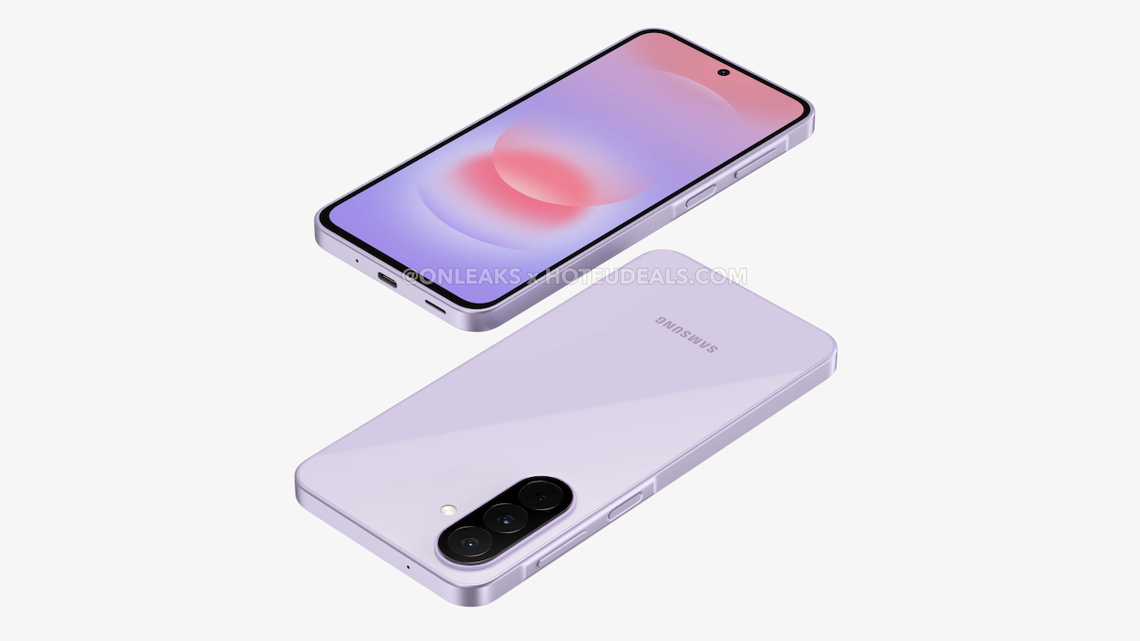 Back and front render of Galaxy A27 phone in lavender color