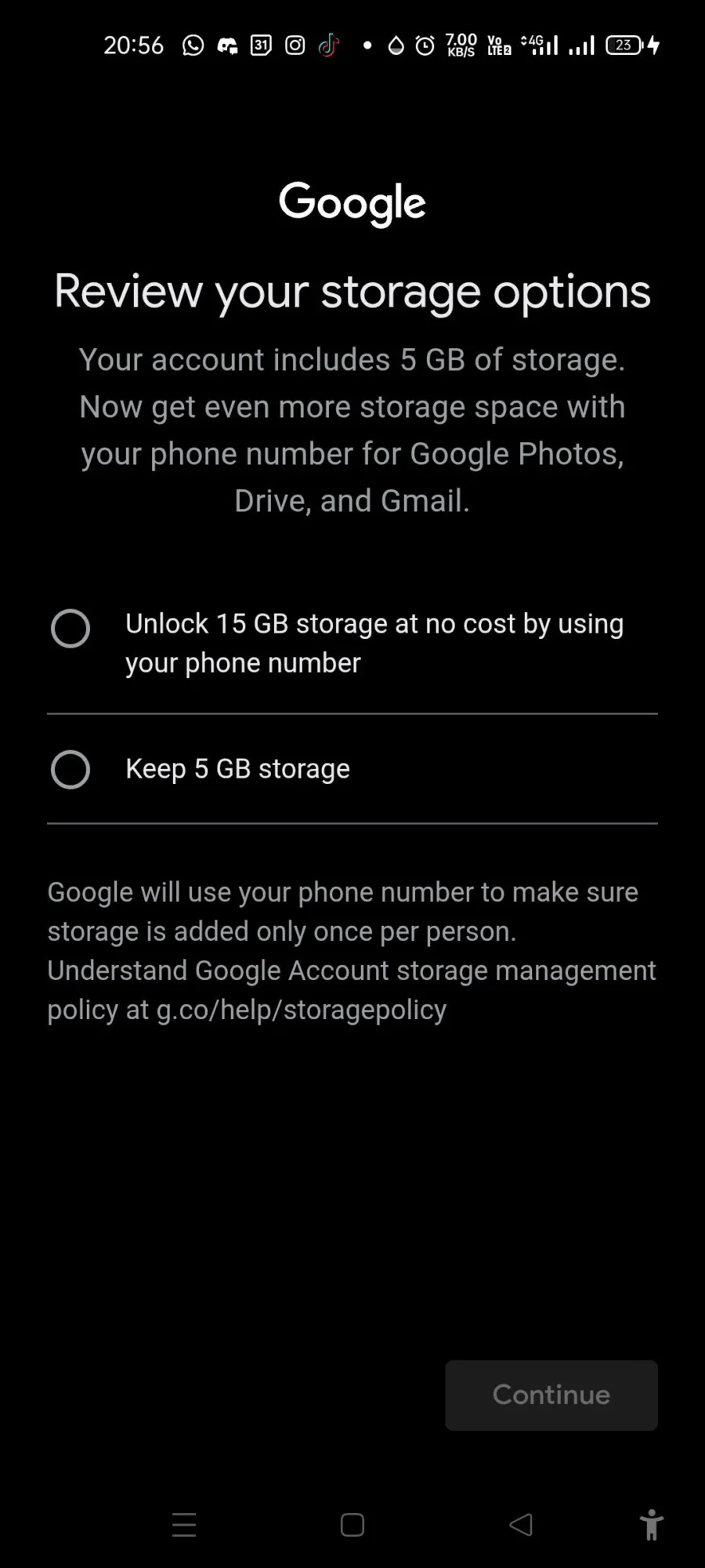 Screenshot showing Google account creation process limiting storage to 5GB
