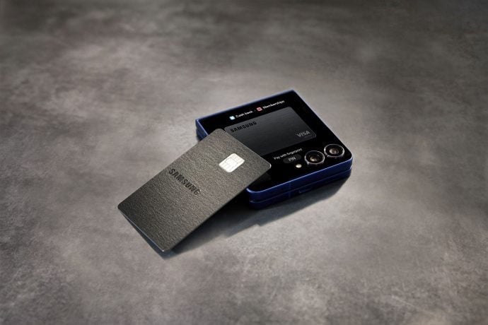 Galaxy card resting on Galaxy flip phone