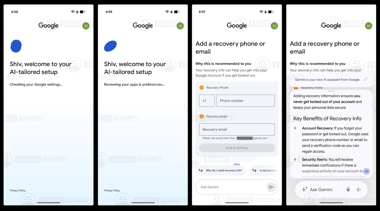 Four screenshots showing Gemini setup assistant and suggestions