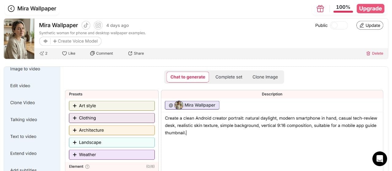 Writing a clean creator prompt inside APOB AI before generating the first image.