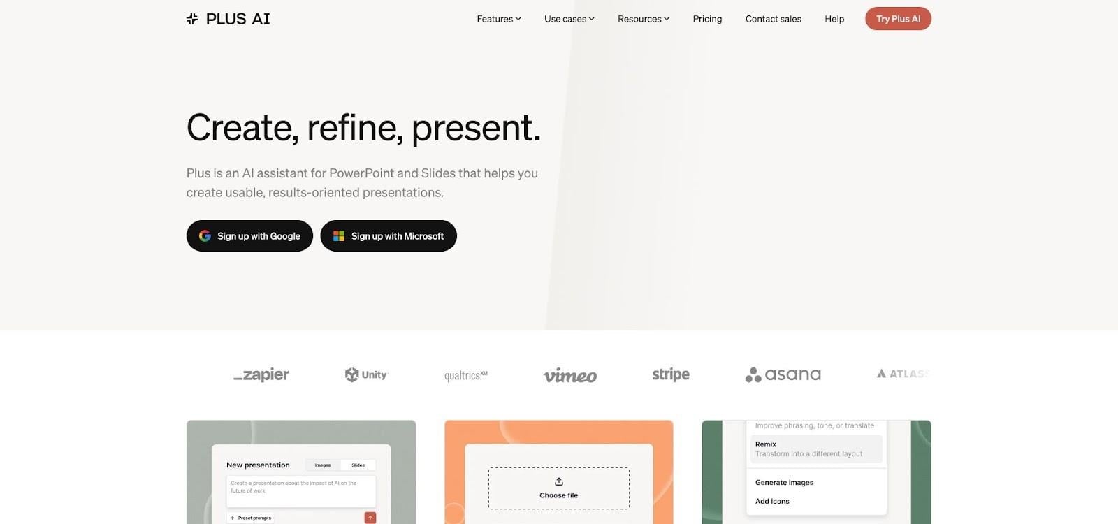 Plus AI native PowerPoint and Google Slides AI presentation generator interface
