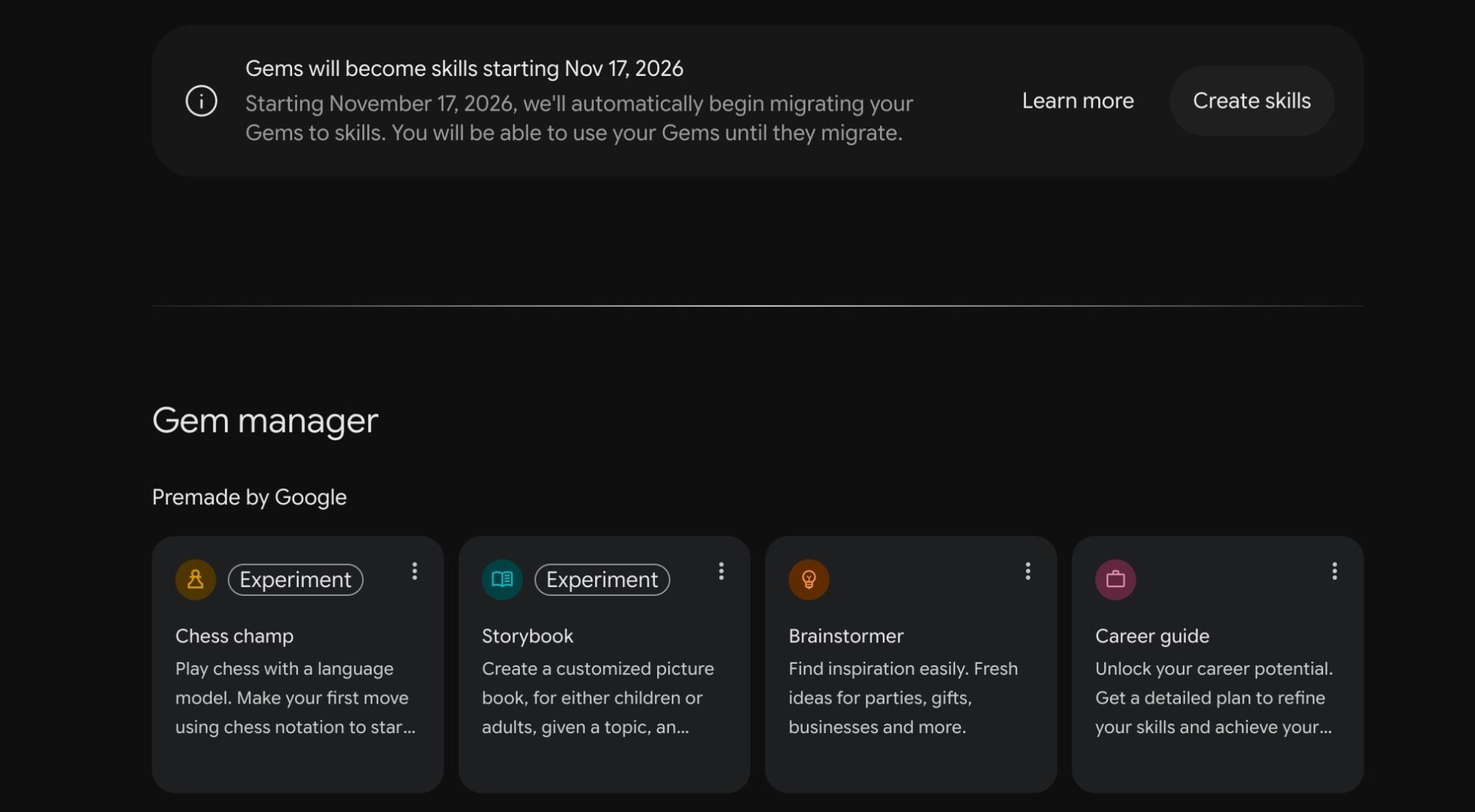 Gem manager screen showing announcement banner that Gems will become skills
