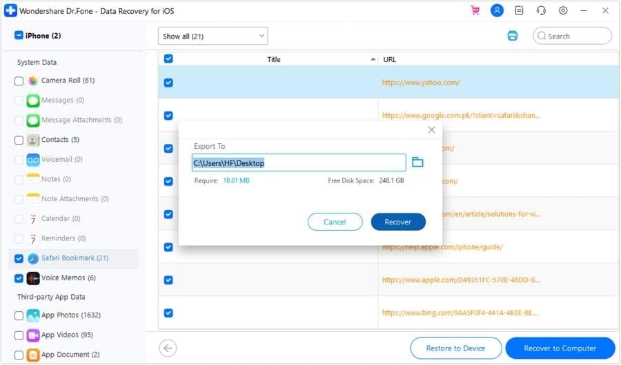 choose a folder to export data
