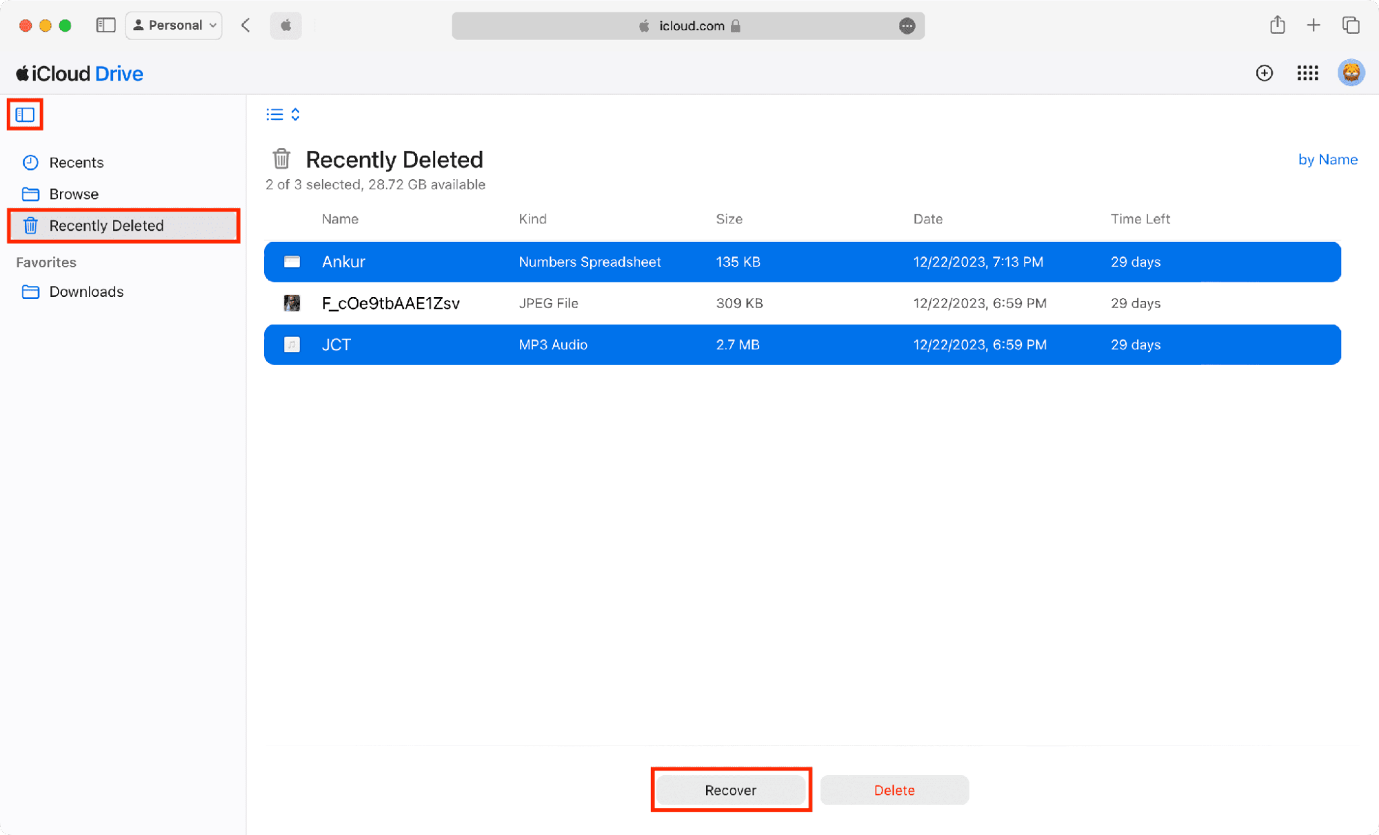 recently deleted folder in icloud