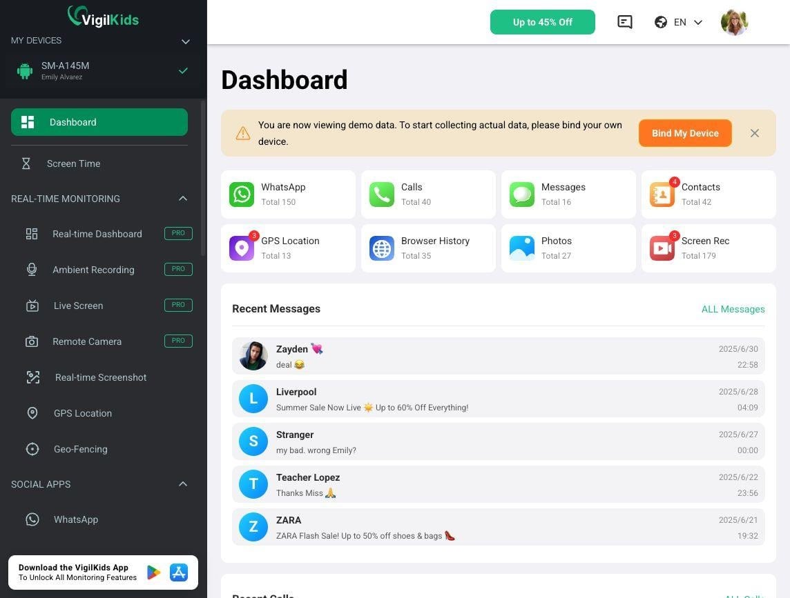 VigilKids demo dashboard Looking for the Best Android Parental Control App? What VigilKids Can Actually Do 2