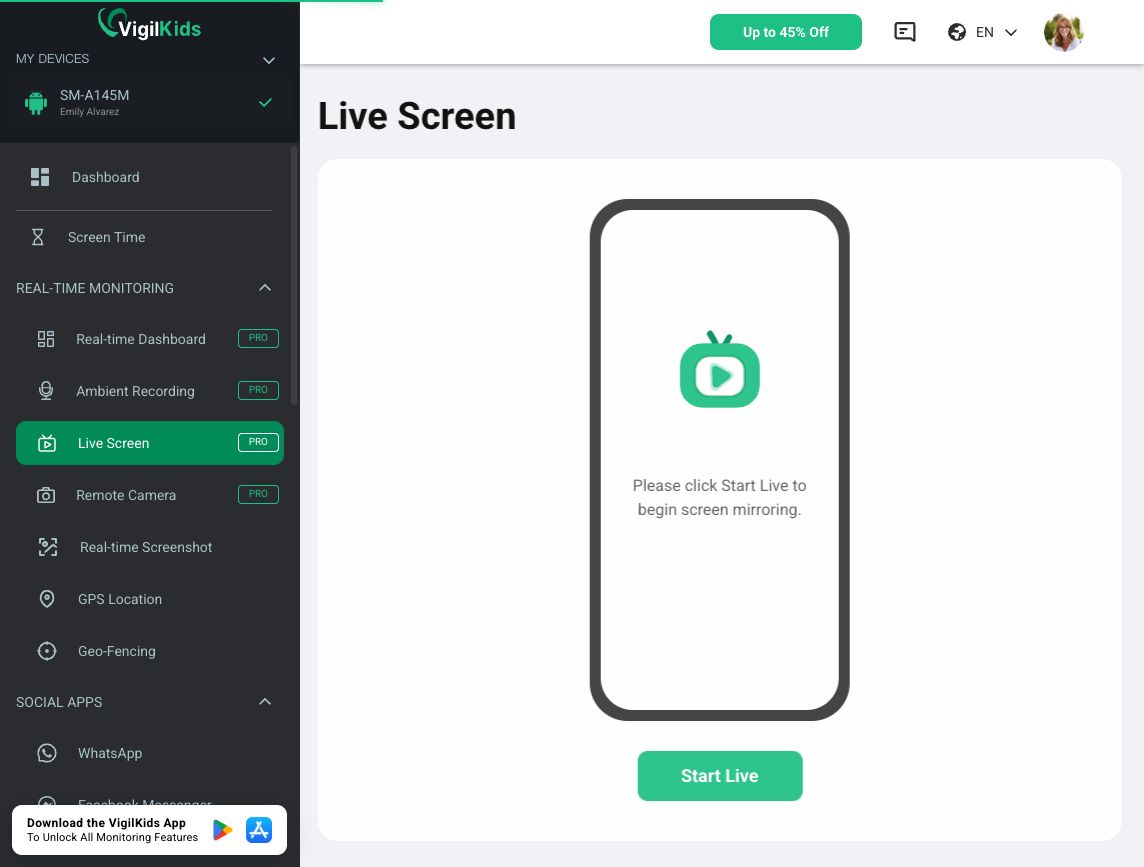 VigilKids Demo dashboard showing the Live Screen module Looking for the Best Android Parental Control App? What VigilKids Can Actually Do 6