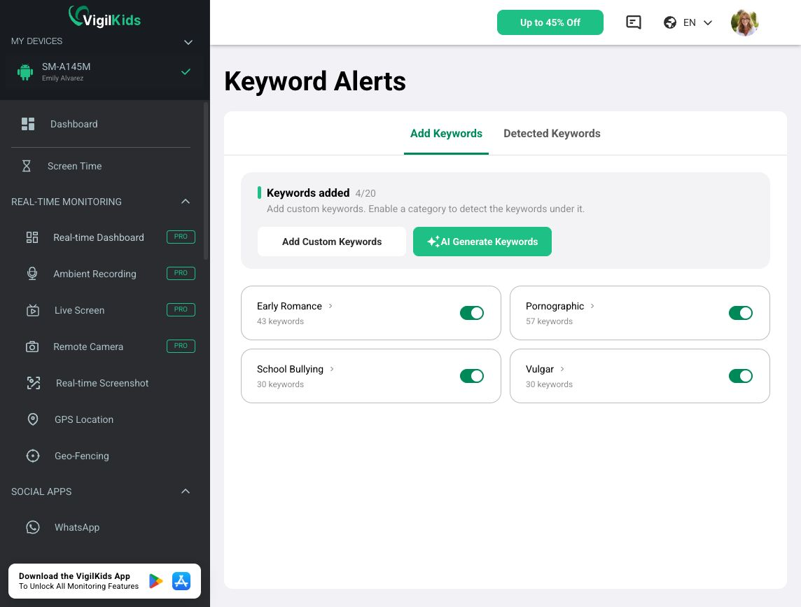 VigilKids Demo dashboard showing AI Keyword Alerts Looking for the Best Android Parental Control App? What VigilKids Can Actually Do 10