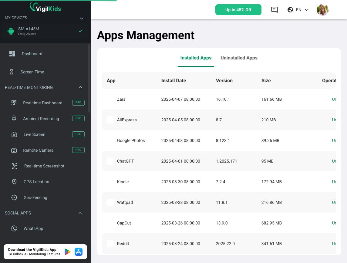 VigilKids Demo dashboard showing installed apps Looking for the Best Android Parental Control App? What VigilKids Can Actually Do 9